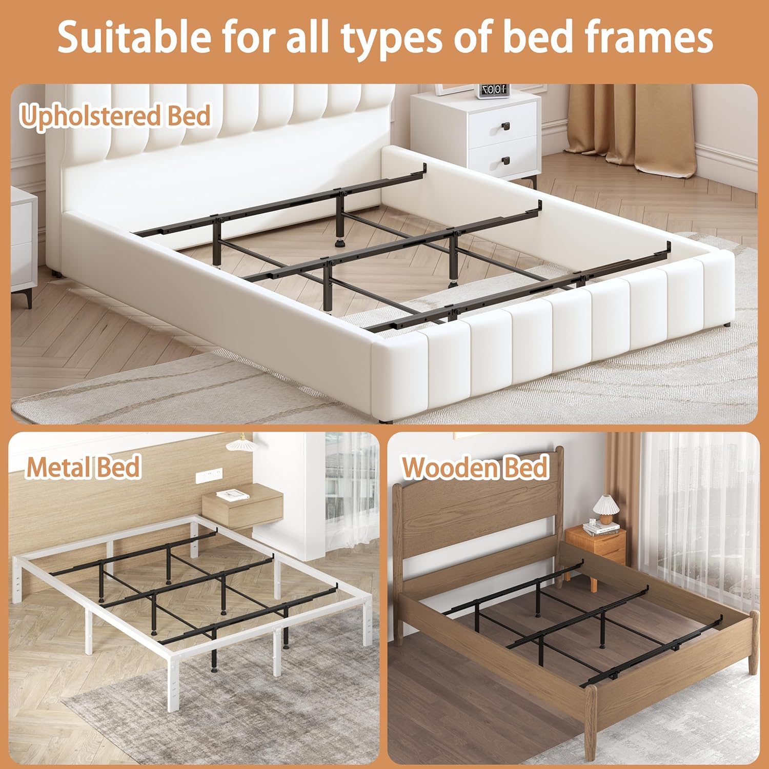 Bed Frame Support System - 3 Cross Rails and 6 Adjustable Legs,Universal Strong Center Support Beams for Full, Queen and King,California King Metal/Wood/Upholstered Bed